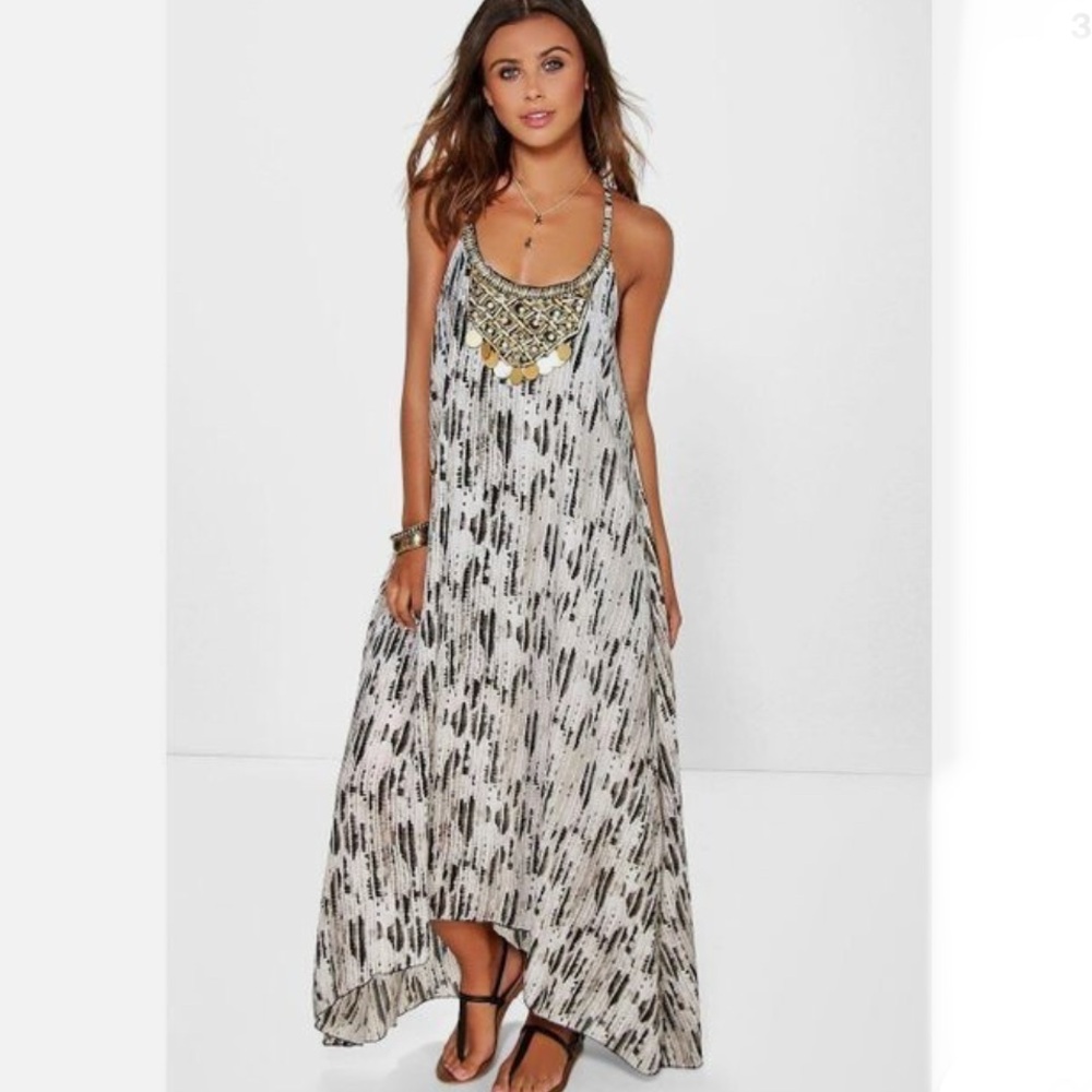 BOOHOO size 4 Snake Print Beaded Hanky Hem halter Maxi Dress NWT